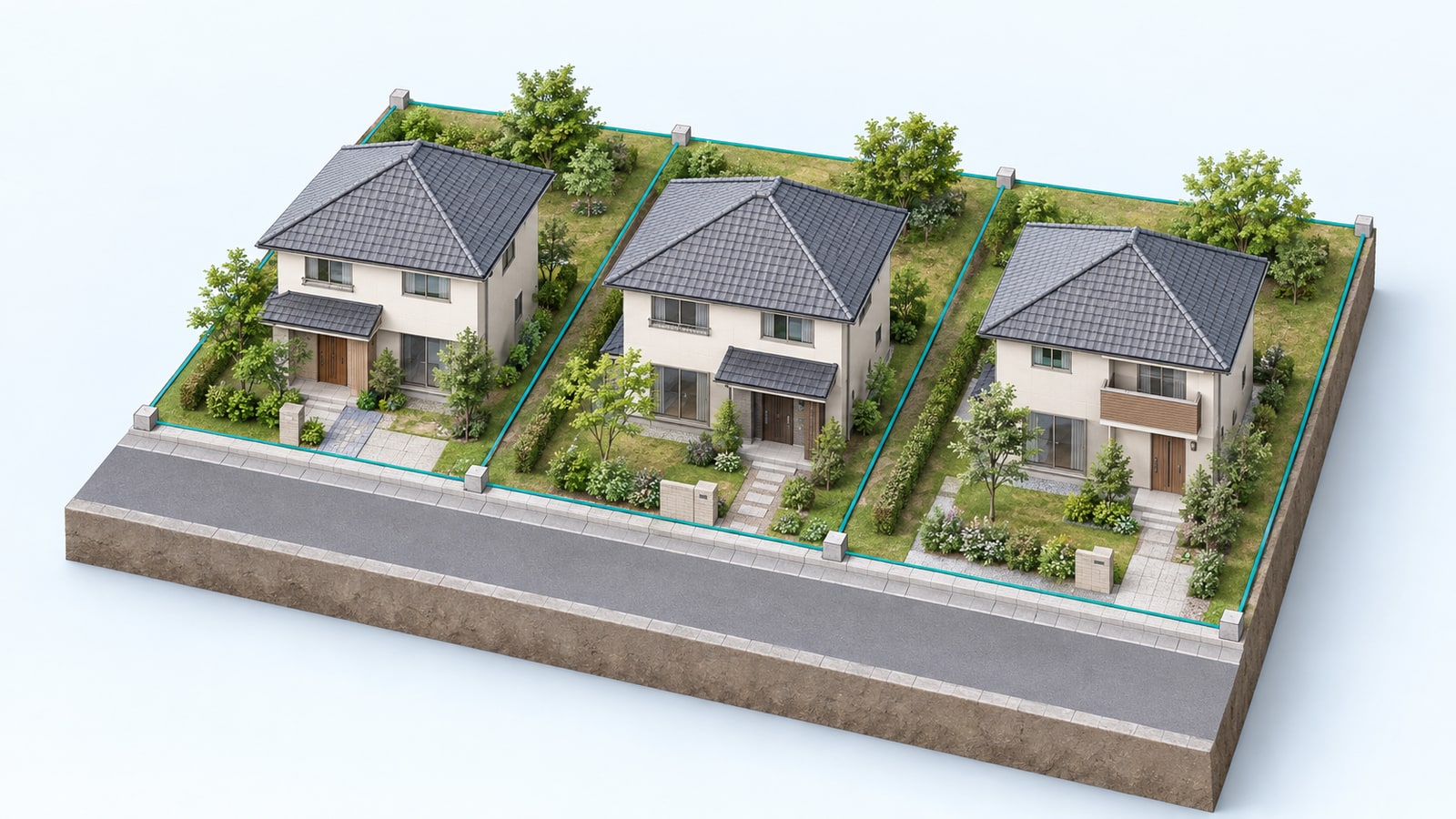 土地の区画と建物の関係を示した立体的な説明イメージ