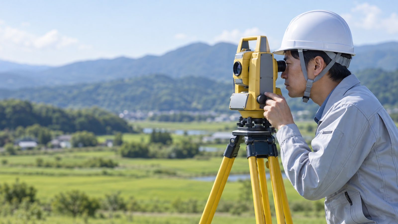 三脚の測量機を使って調査する技術者のイメージ